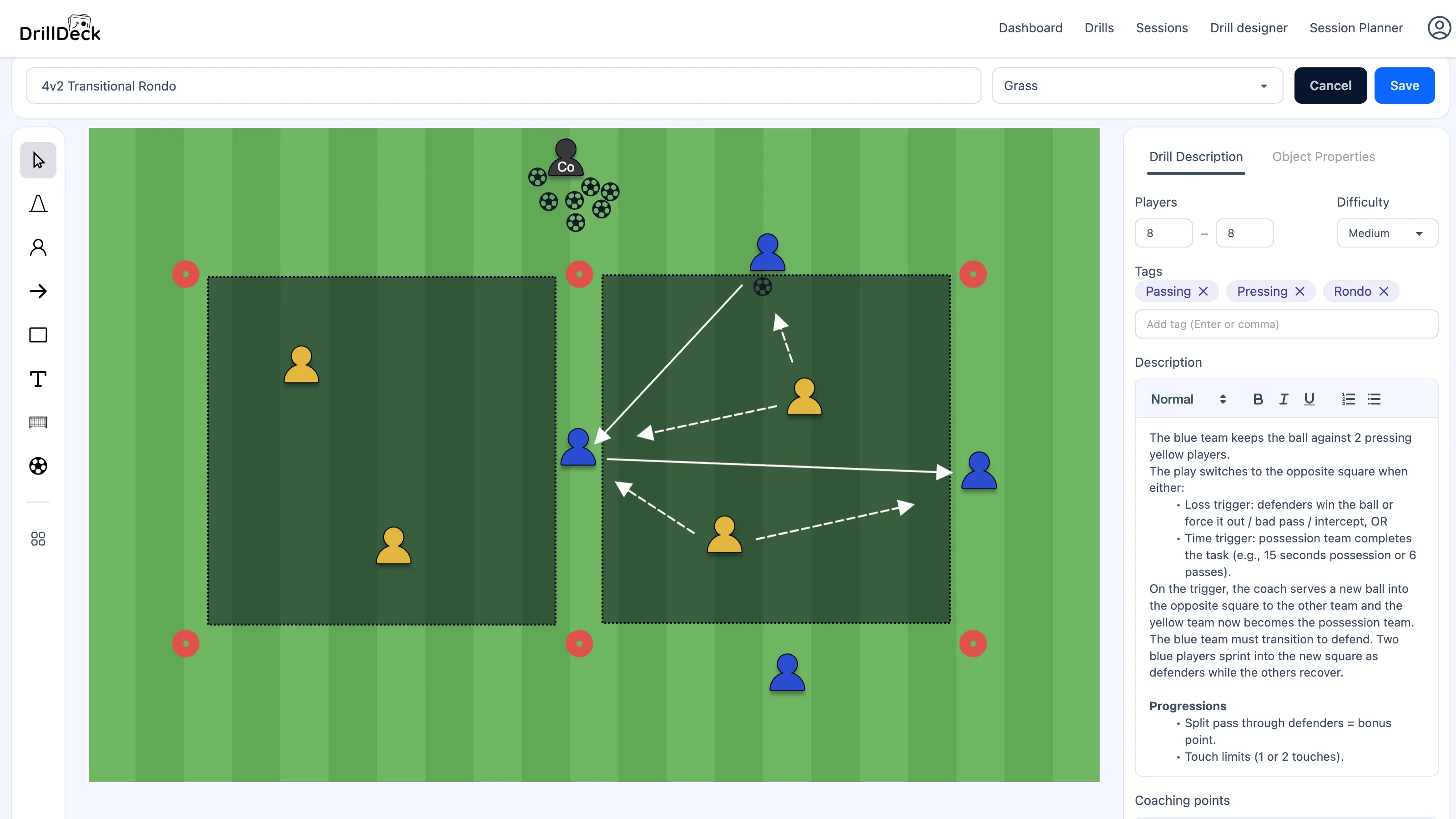 DrillDeck drill editor showing a soccer rondo drill with player markers, movement arrows, and drill details